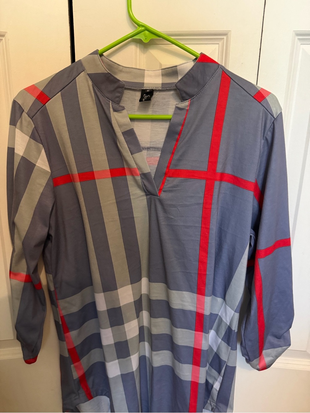 Men's Grey Plaid Tunic Shirt with Red Accents
